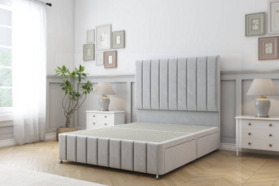 "Sloomy California Silver Plush Divan Bed 2 Drawers Left Side-54"" Floor Standing Headboard 12"" Footboard 4' Small Double" - image 1