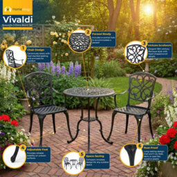 Homeology Vivaldi 3-Piece Aluminium Garden Bistro Set - Table With Parasol Hole & 2 Generously Sized Armchairs - (Black) - thumbnail 4