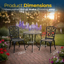 Homeology Vivaldi 3-Piece Aluminium Garden Bistro Set - Table With Parasol Hole & 2 Generously Sized Armchairs - (Black) - thumbnail 9