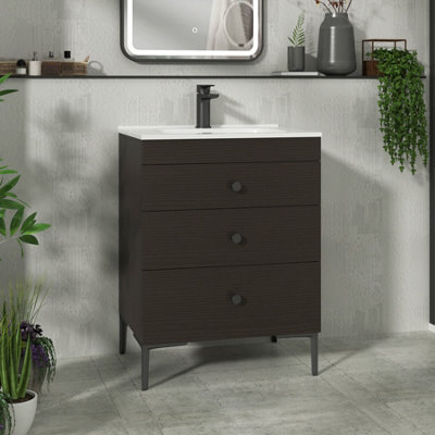 Royal Bathrooms Royal Bathroom Verona 600mm Walnut Woodgrain 3-Drawer Floor Standing Bathroom Vanity Unit With Ceramic Basin & Matt Black Knob - image 1
