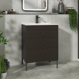Royal Bathrooms Royal Bathroom Verona 600mm Walnut Woodgrain 3-Drawer Floor Standing Bathroom Vanity Unit With Ceramic Basin & Matt Black Knob