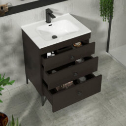 Royal Bathrooms Royal Bathroom Verona 600mm Walnut Woodgrain 3-Drawer Floor Standing Bathroom Vanity Unit With Ceramic Basin & Matt Black Knob - thumbnail 5