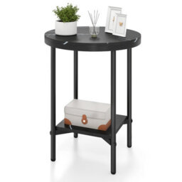 Gainoom Side Table Black Modern Round End Table With Faux Marble Top & Bottom Storage Shelf - thumbnail 1