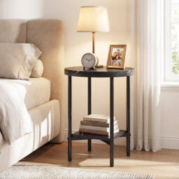 Gainoom Side Table Black Modern Round End Table With Faux Marble Top & Bottom Storage Shelf - thumbnail 3