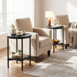 Gainoom Side Table Black Modern Round End Table With Faux Marble Top & Bottom Storage Shelf - thumbnail 5