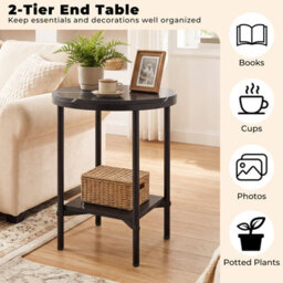 Gainoom Side Table Black Modern Round End Table With Faux Marble Top & Bottom Storage Shelf - thumbnail 7
