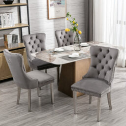 HomeTouch Set Of 4 Grey Velvet Upholstered Dining Chairs Wing Back Home Office Bedroom Kitchen Chairs - thumbnail 1