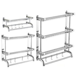 Living And Home Wall Mounted Chrome Metal Bathroom Towel Rail Rack With Storage Shelf And Hooks - thumbnail 5