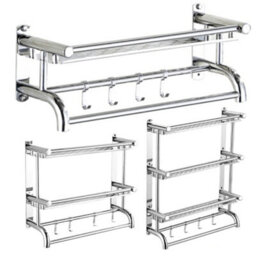 Living And Home Wall Mounted Chrome Metal Bathroom Towel Rail Rack With Storage Shelf And Hooks - thumbnail 6