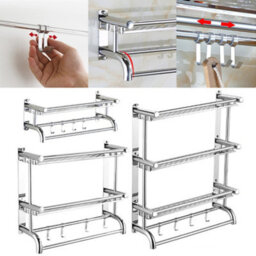 Living And Home Wall Mounted Chrome Metal Bathroom Towel Rail Rack With Storage Shelf And Hooks - thumbnail 4