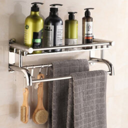 Living And Home Wall Mounted Chrome Metal Bathroom Towel Rail Rack With Storage Shelf And Hooks - thumbnail 1