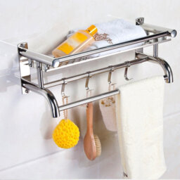Living And Home Wall Mounted Chrome Metal Bathroom Towel Rail Rack With Storage Shelf And Hooks - thumbnail 2