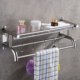 Living And Home Wall Mounted Chrome Metal Bathroom Towel Rail Rack With Storage Shelf And Hooks - thumbnail 3