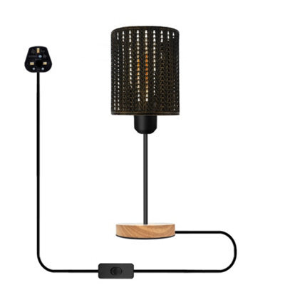 Modern Bedside Table Lamp With Wooden Stand, Metal Cage , On Off Switch , Brushed Brass