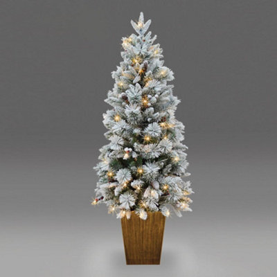 Shatchi Pre Lit Potted Snow Flocked Christmas Tree With Pine Cones And Red Berries Snowy Tips 80-100 Warm White Led Lights - image 1