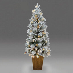 Shatchi Pre Lit Potted Snow Flocked Christmas Tree With Pine Cones And Red Berries Snowy Tips 80-100 Warm White Led Lights