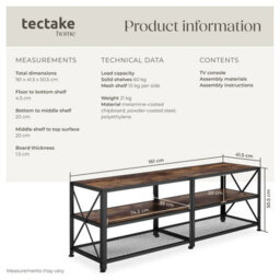 Tectake Industrial Tv Stand - Lowboard Cabinet 3 Shelves Low Display Console 161 Cm - Industrial Wood Dark, Rustic - thumbnail 6