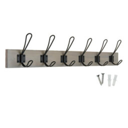 Keypak Rustic Wall Mounted Coat Rack, Vintage Double Wire Coat Hooks On Wooden Base, Fixings Included (6 Hooks, Light Grey Ash) - thumbnail 1