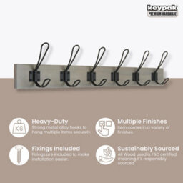Keypak Rustic Wall Mounted Coat Rack, Vintage Double Wire Coat Hooks On Wooden Base, Fixings Included (6 Hooks, Light Grey Ash) - thumbnail 2