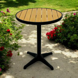 BE 60Cm Round Polywood Pedestal Bistro Table Black Frame With Wood Effect Slatted Top