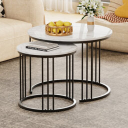 Huhote Two Piece Nesting Round Side Tables With Black Metal Frame And White Marble Finish Top Diameter 23.6/15.7 In Coffee Table - thumbnail 2