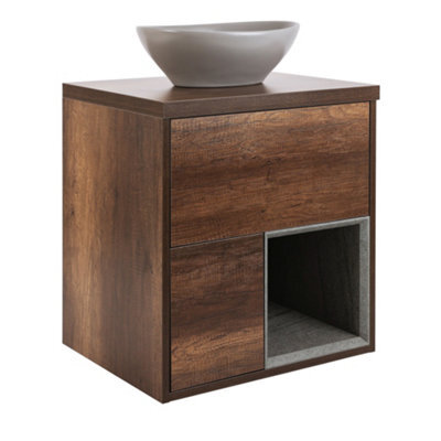 Homestylestore Dark Oak 594mm Wall Hung Bathroom Vanity Unit Oval Pebble Countertop Basin Open Shelf - image 1