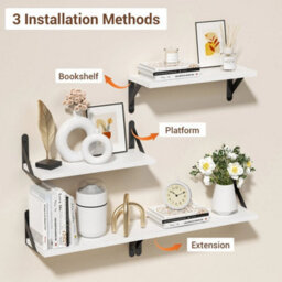 White 2Pcs Floating Shelves Wooden Wall Mounted Display Storage Hold Rustic Industrial - thumbnail 5