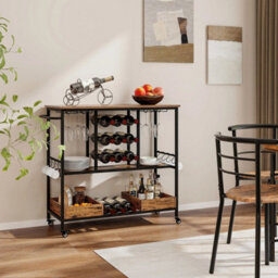 3 Tier Bar Cart With Glass Racks And Wine Holders On Wheels Brown - thumbnail 5