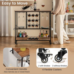 3 Tier Bar Cart With Glass Racks And Wine Holders On Wheels Brown - thumbnail 4