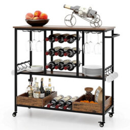 3 Tier Bar Cart With Glass Racks And Wine Holders On Wheels Brown - thumbnail 6