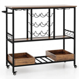 3 Tier Bar Cart With Glass Racks And Wine Holders On Wheels Brown - thumbnail 1