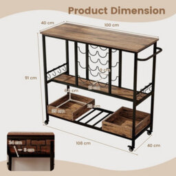 3 Tier Bar Cart With Glass Racks And Wine Holders On Wheels Brown - thumbnail 2