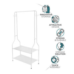 House Of Home Clothes Rack Steel White Clothing Rail With Two Shelves Hanging Hooks 5Ft Height - thumbnail 6