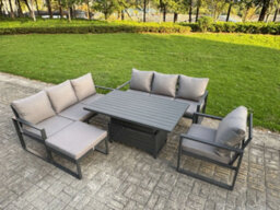 Fimous Aluminium Garden Furniture Sets,8 Seater With Rising Table Big Footstool For Yard,poolside, Patio, Dark Grey - thumbnail 1