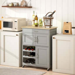 Wyld Haus Lehari Grey Wooden Rolling Kitchen Island Trolley With Drawer, 9-Bottle Wine Rack And Natural Rubberwood Top - thumbnail 8
