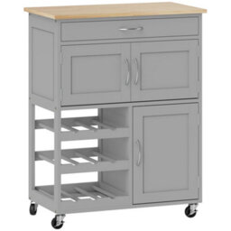 Wyld Haus Lehari Grey Wooden Rolling Kitchen Island Trolley With Drawer, 9-Bottle Wine Rack And Natural Rubberwood Top - thumbnail 2