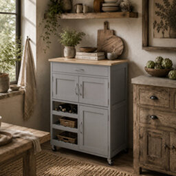 Wyld Haus Lehari Grey Wooden Rolling Kitchen Island Trolley With Drawer, 9-Bottle Wine Rack And Natural Rubberwood Top