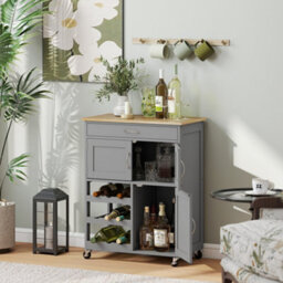 Wyld Haus Lehari Grey Wooden Rolling Kitchen Island Trolley With Drawer, 9-Bottle Wine Rack And Natural Rubberwood Top - thumbnail 3