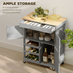Wyld Haus Lehari Grey Wooden Rolling Kitchen Island Trolley With Drawer, 9-Bottle Wine Rack And Natural Rubberwood Top - thumbnail 5