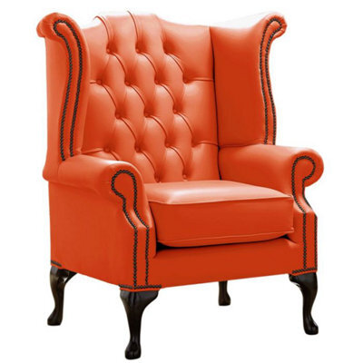 Chesterfield High Back Wing Chair Shelly Flamenco Orange Leather Bespoke In Queen Anne Style - image 1