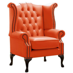 Chesterfield High Back Wing Chair Shelly Flamenco Orange Leather Bespoke In Queen Anne Style - thumbnail 1