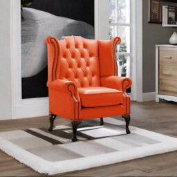 Chesterfield High Back Wing Chair Shelly Flamenco Orange Leather Bespoke In Queen Anne Style - thumbnail 2