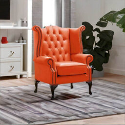 Chesterfield High Back Wing Chair Shelly Flamenco Orange Leather Bespoke In Queen Anne Style - thumbnail 3