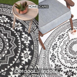 Homescapes Luxury Outdoor Rug Waterproof Reversible Round For Garden Patio, 180 Cm, Black & White, 100% Recycled, Motif - thumbnail 6