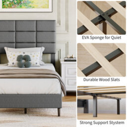 Single Bed Frame Upholstered Platform With Adjustable Headboard, Grey/90 X 190 Cm - thumbnail 3