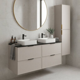 Heze Furniture Slim Modern 2 Cabinets Set Vanity Unit 120Cm With Worktop & Tall Cabinet 136Cm - Cashmere - thumbnail 1