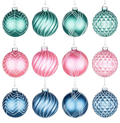 Shatchi Christmas Glass Baubles 12Pcs Set - 8Cm Green, Pink & Blue With 12 Assorted Festive Designs - image 1