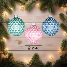 Shatchi Christmas Glass Baubles 12Pcs Set - 8Cm Green, Pink & Blue With 12 Assorted Festive Designs - thumbnail 5