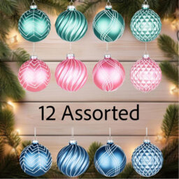 Shatchi Christmas Glass Baubles 12Pcs Set - 8Cm Green, Pink & Blue With 12 Assorted Festive Designs - thumbnail 6
