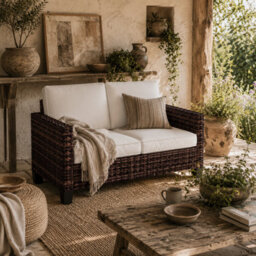 Wyld Haus Palo Brown Pe Rattan 2-Seater Outdoor Sofa With Cream Cushions
